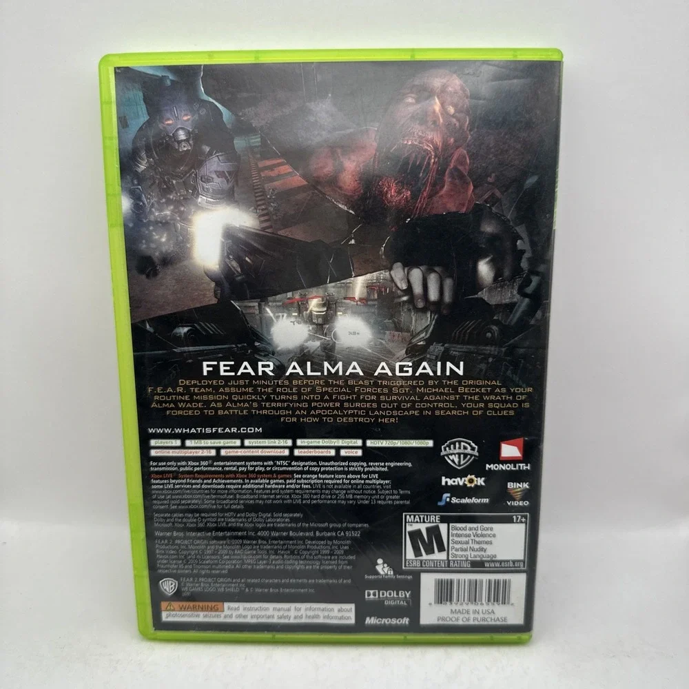 F.E.A.R. 2 Project Origin XBOX 360 CIB Complete w Manual WB